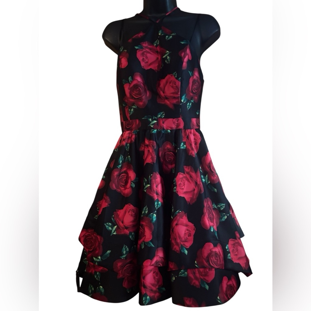 Blondie Nites Black Dress with Red Floral Pattern